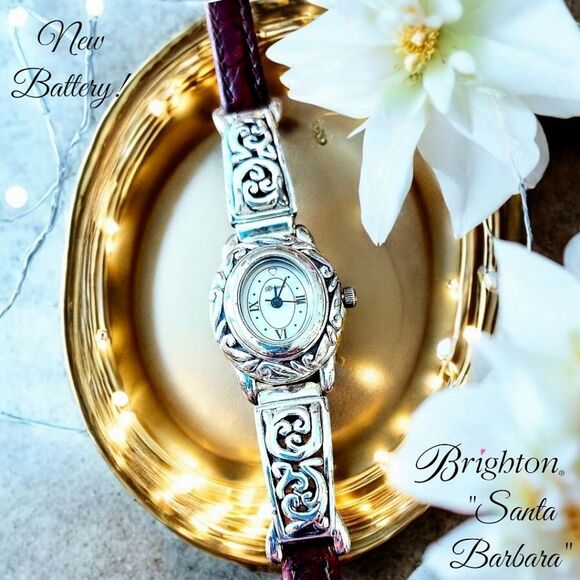 BRIGHTON "Santa Barbara" Silver Ornate Watch with Brown Leather Strap - Picture 1 of 8